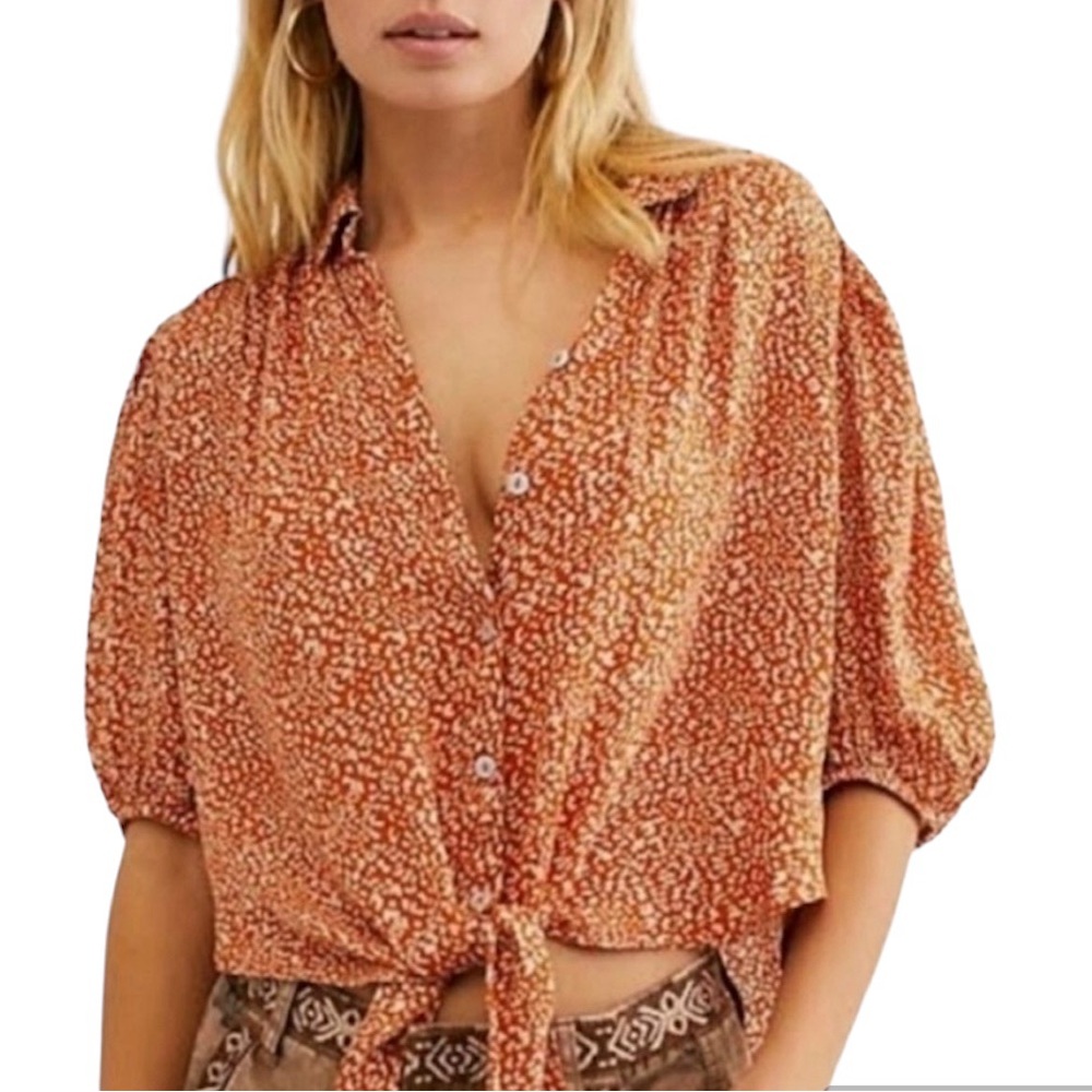Free People Celia Printed Blouse Rust Combo Size XS NWT
